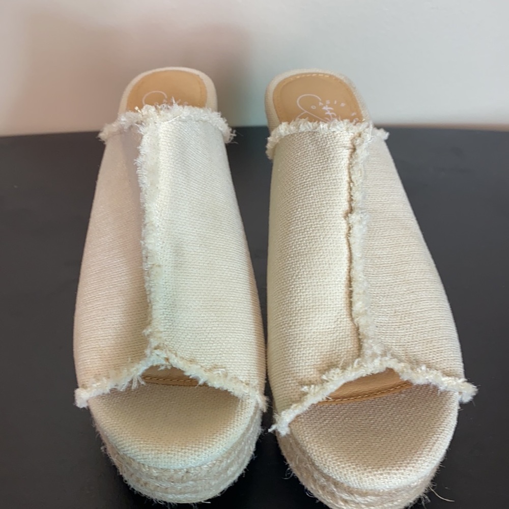 Women’s Cream Frayed Espadrille Wedge Slides - Picture 8 of 11